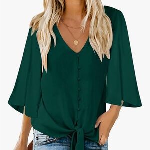 Utyful Blouse  Women’s V-Neck 3/4 Tie Knot Bell Sleeve  Button Down Green Medium